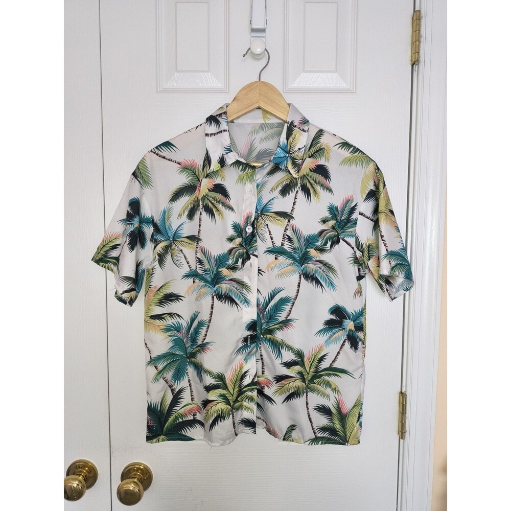 SHEIN Women's S Tropical Hawaiian Button Up Shirt Palm Tree Print Short Sleeve
